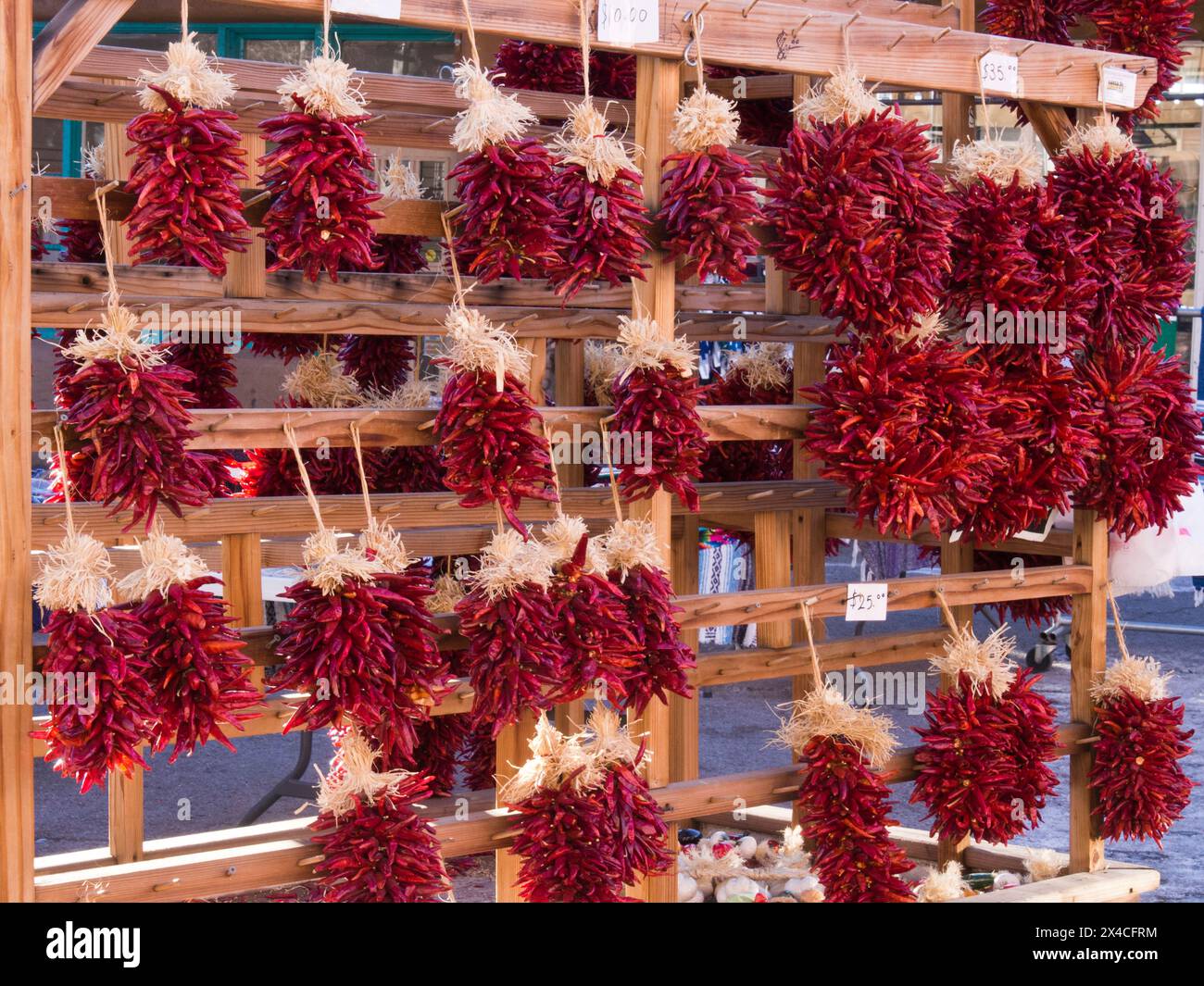 USA, New Mexico, Sante Fe. Large groups of hot red chili peppers