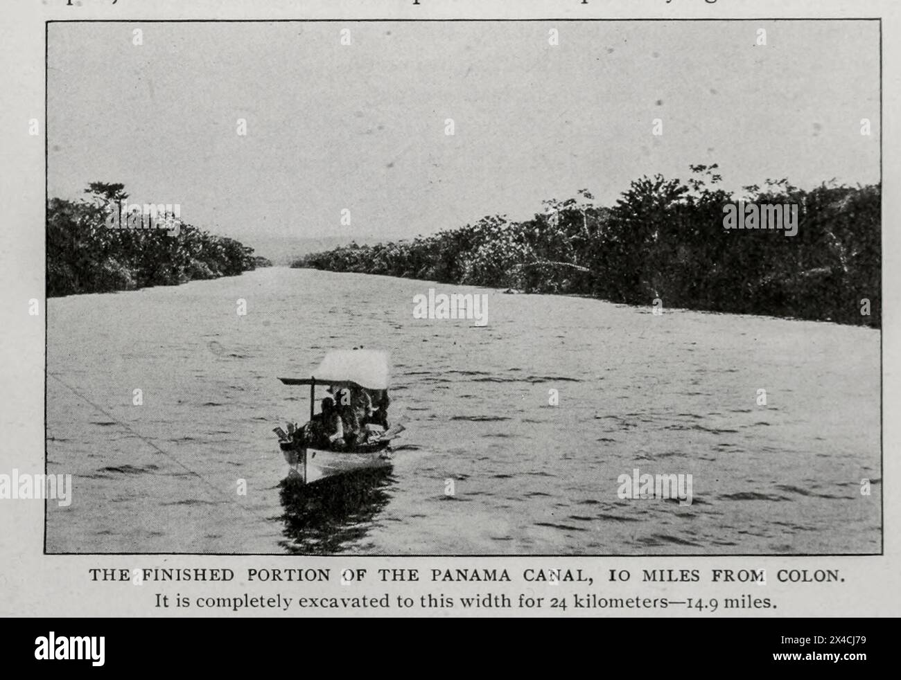 THE FINISHED PORTION OF THE PANAMA CANAL, lO MILES FROM COLON. It is completely excavated to this width for 24 kilometers — 14.9 miles. from the Article THE AMERICAN ISTHMUS AND THE INTEROCEANIC CANAL. By W, Henry Hunter. from The Engineering Magazine Devoted to Industrial Progress Volume XVI October 1898 - March 1899 The Engineering Magazine Co Stock Photo