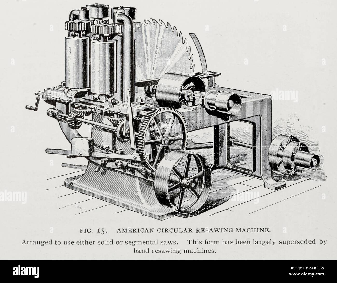 AMERICAN CIRCULAR RESAWING MACHINE. Arranged to use either solid or segmental saws. This form has been largely superseded by band resawing machines. from the Article THE DEVELOPMENT OF WOOD-WORKING MACHINERY. By John Richards. from The Engineering Magazine Devoted to Industrial Progress Volume XVI October 1898 - March 1899 The Engineering Magazine Co Stock Photo