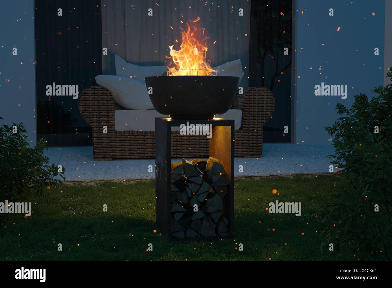 Beautiful Garden With Rattan Furniture And Rusty Fire Bowl At Night Stock Photo