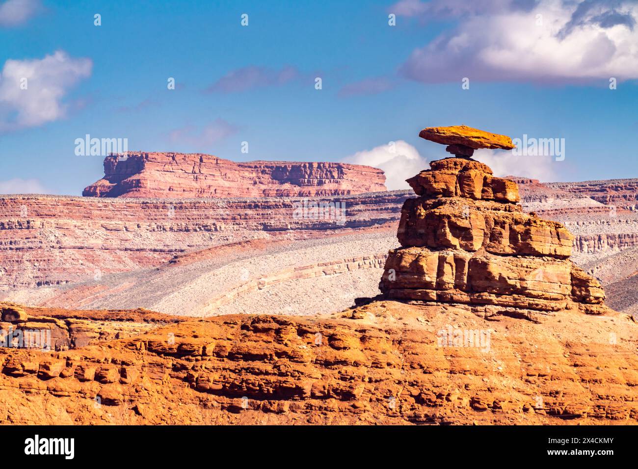 USA, Utah, Bear's Ears National Monument. Mexican Hat eroded rock formation. Stock Photo