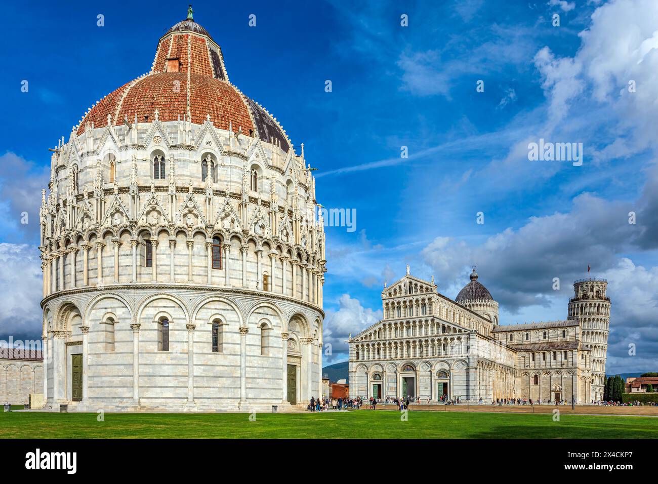 The city of Pisa historic plaza with the Pisa Baptistery, Cathedral, and the Leaning Tower. Photo taken on 22nd of October 2023 in Pisa, Tuscany regio Stock Photo