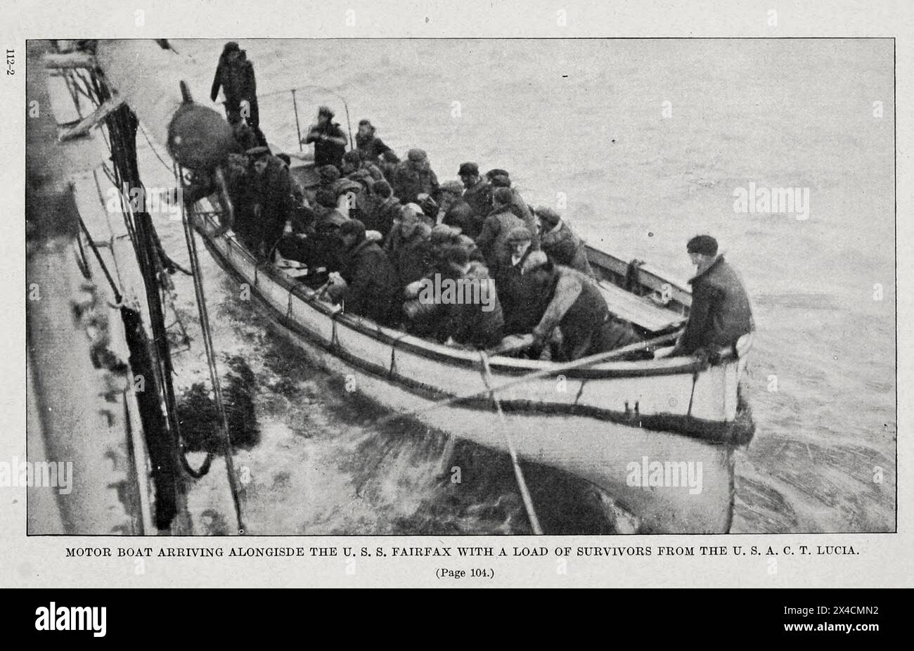 Motor boat arriving alongside the U. S. S. Fairfax wdth a load of survivors from the U. S. A. C. T. Lucia from ' German submarine activities on the Atlantic coast of the United States and Canada ' by United States. Office of Naval Records and Library Publication date 1920 Stock Photo