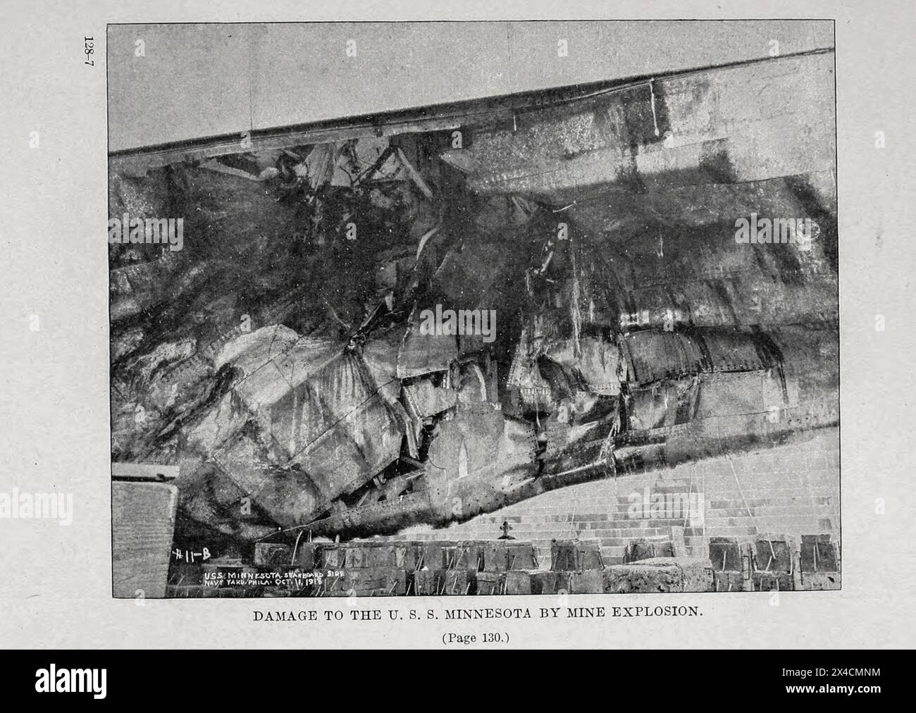 Mine explosion damage to the U. S. S. Minnesota from ' German submarine activities on the Atlantic coast of the United States and Canada ' by United States. Office of Naval Records and Library Publication date 1920  USS Minnesota (BB-22), the fifth of six Connecticut-class pre-dreadnought battleships, was the first ship of the United States Navy in honor of the 32nd state. She was laid down at the Newport News Shipbuilding Company of Newport News, Virginia in October 1903, launched in April 1905, and commissioned into the US fleet in March 1907, just four months after the revolutionary British Stock Photo