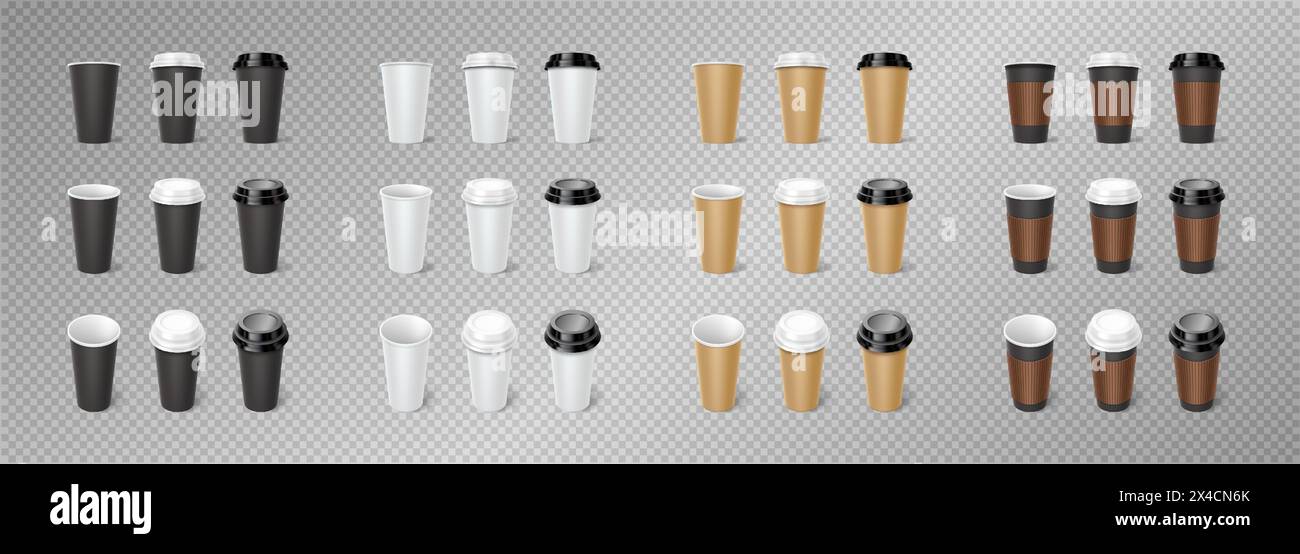 Blank paper cups with lids 3d realistic vector illustration set ...