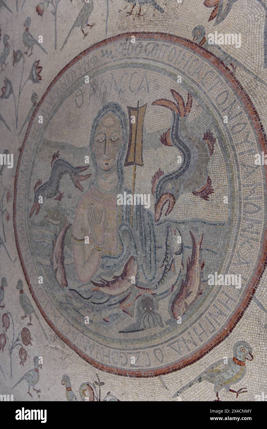 Oldest floor mosaic on church of the Apostles at Madaba in Jordan Stock Photo