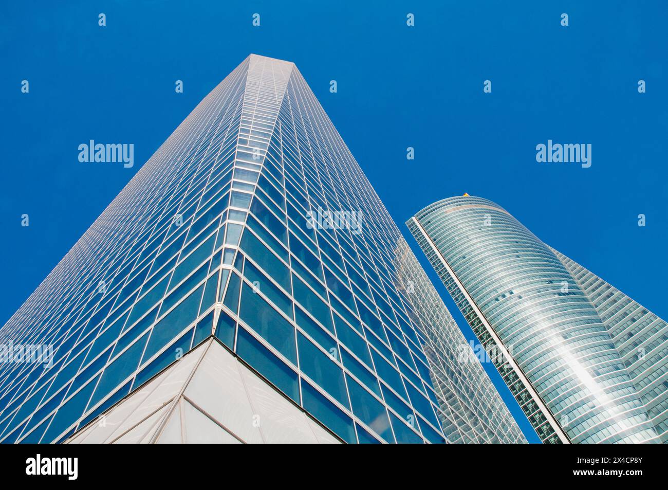 Cristal Tower and Espacio Tower, view from below. Madrid, Spain. Stock Photo