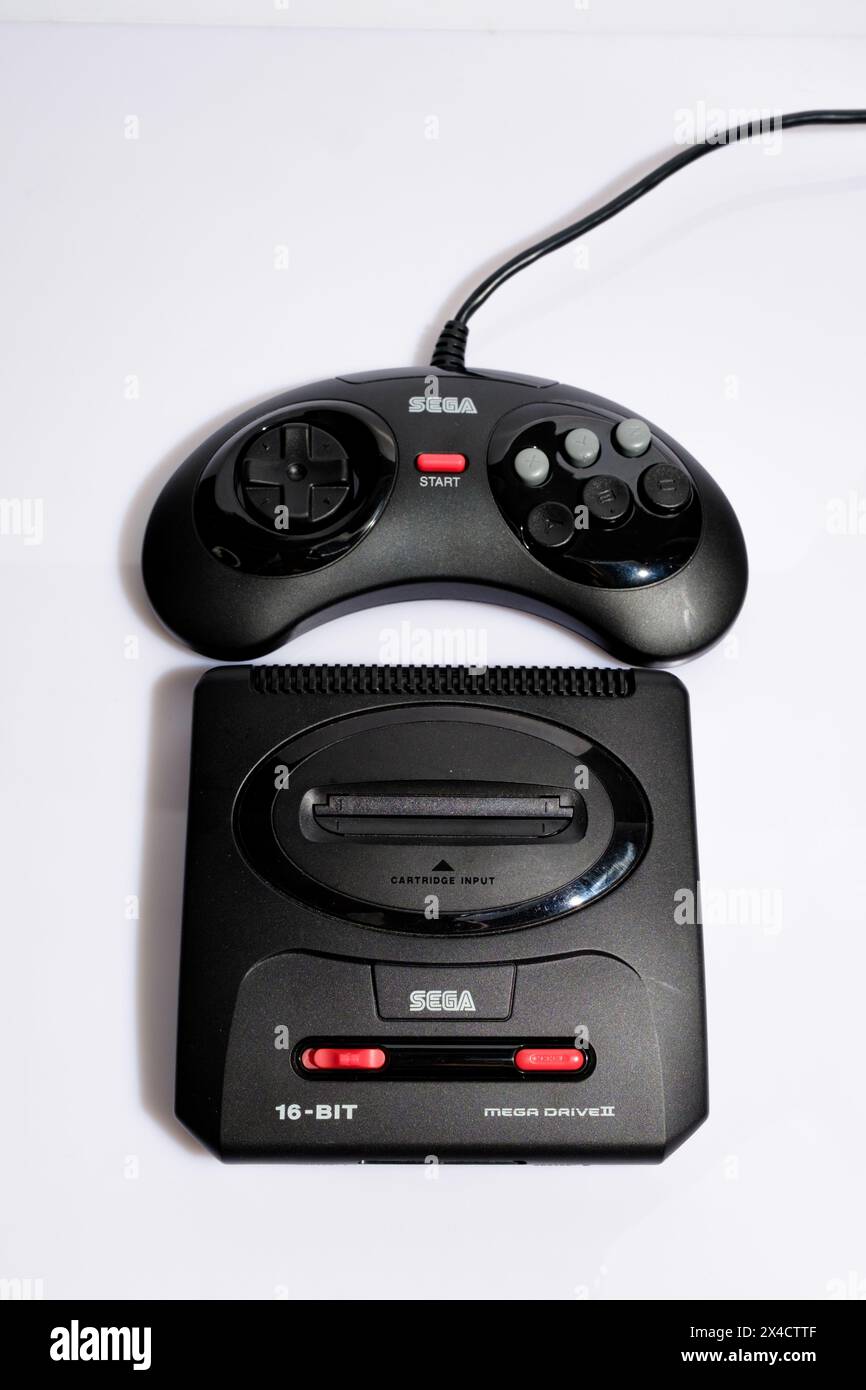 Newcastle UK: 21st Jan 2024: A closeup of a Sega Mega Drive II mini console. Retro gaming. Megadrive controller Stock Photo