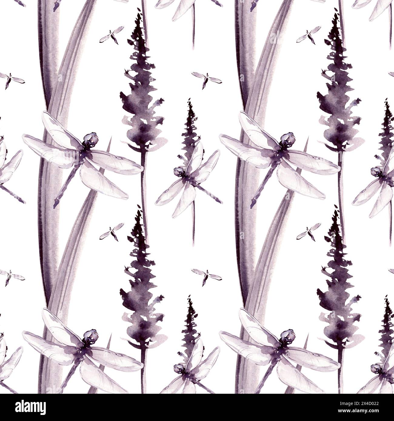 seamless pattern with watercolor monochrome silhouette herbs and dragonflies, sketch of grass, abstract meadow plants, wild field and insects, illustr Stock Photo