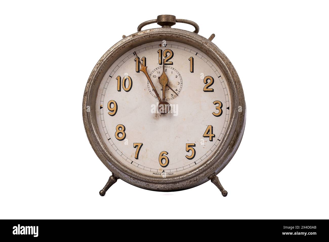1930s Vintage Veglia Alarm Clock from Italy, Set to 5 to 12 on White Background Stock Photo