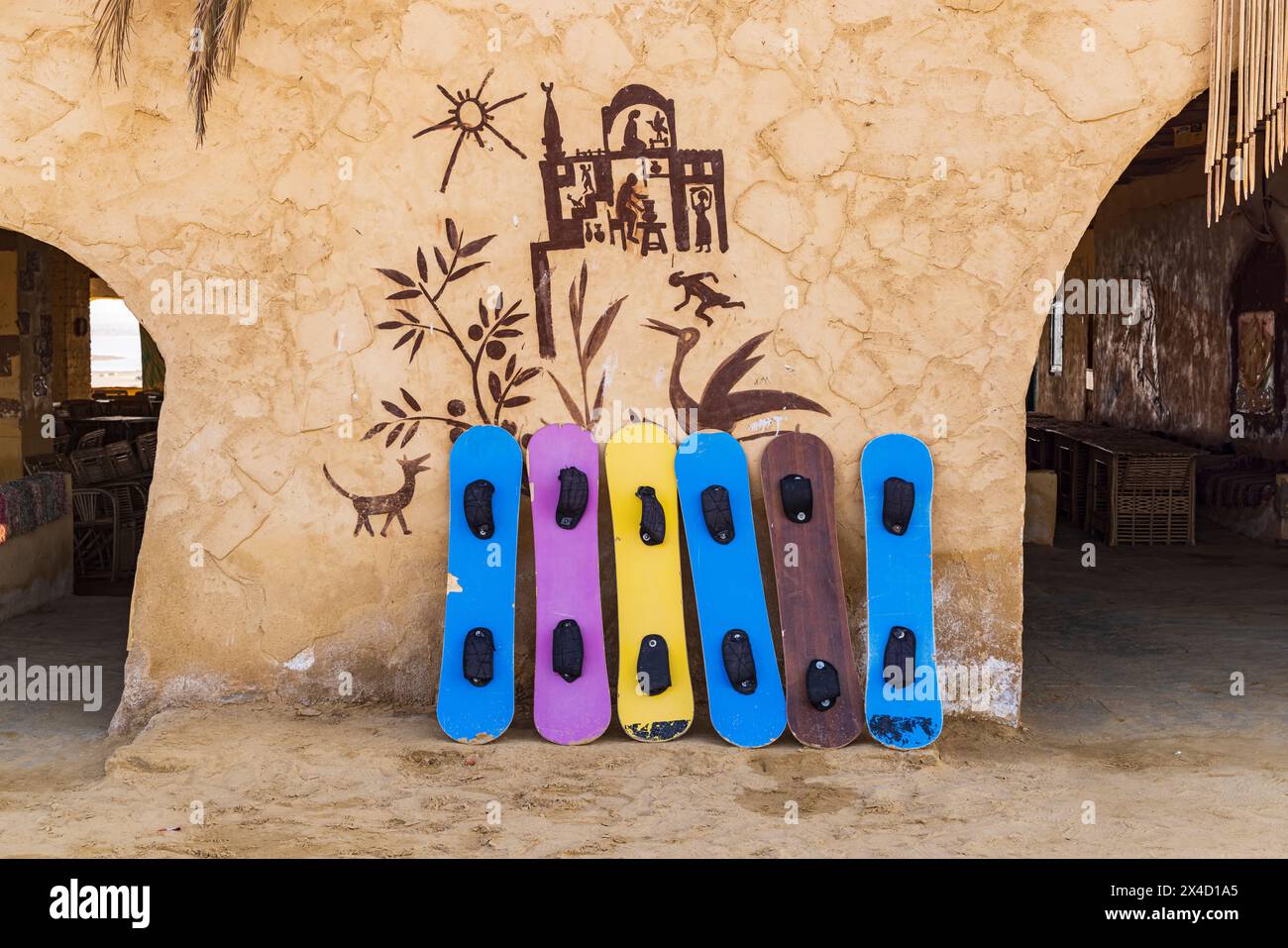 Faiyum Oasis, Egypt. Boards for sliding down sand dunes. (Editorial Use Only Stock Photo Alamy