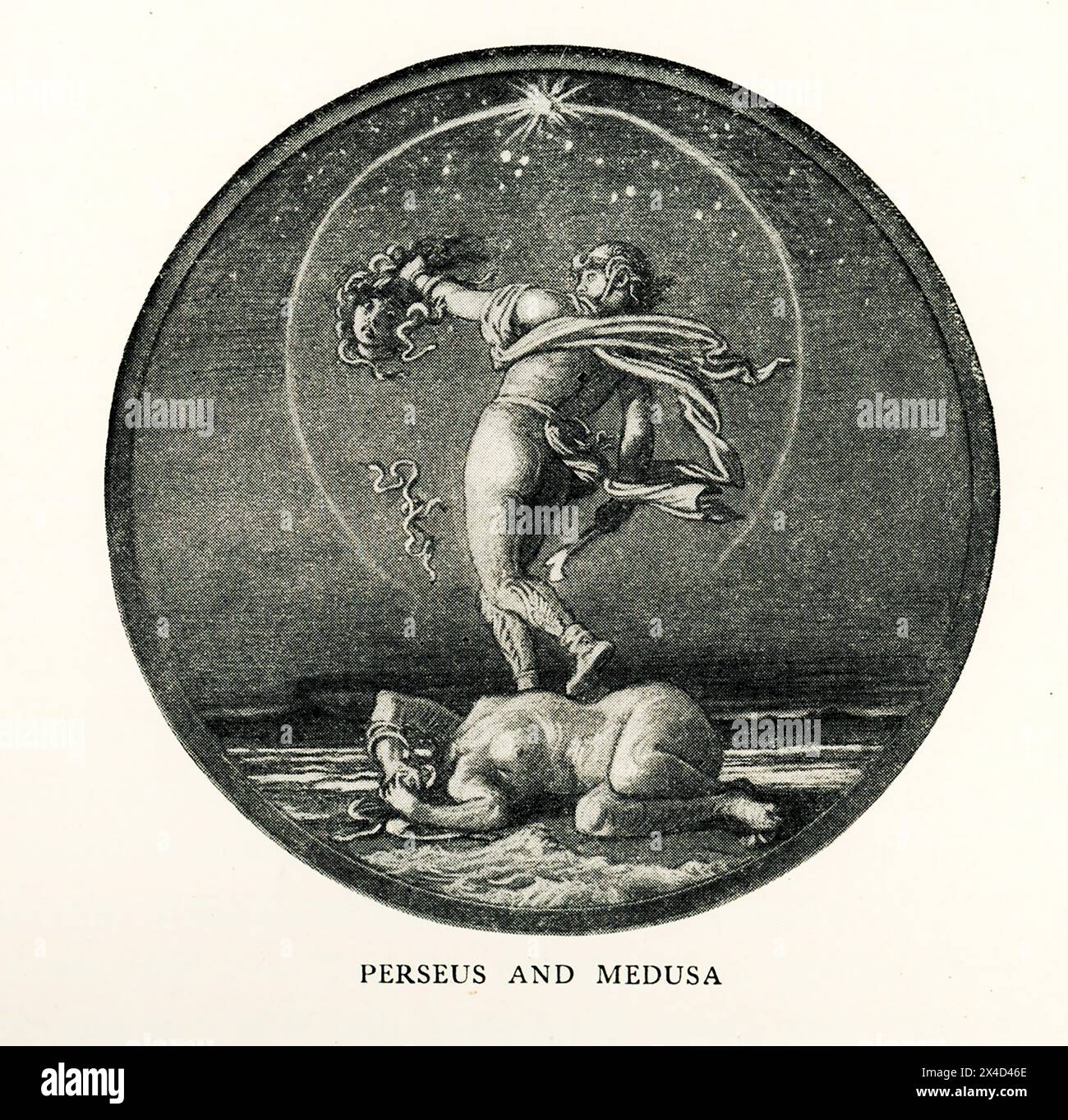 To protect his mother, Danae, the mythical Greek hero Perseus accepted the task assigned him by a king named Polydictes of slaying the monster Medusa, whose hair was snakes and whose eyes turned all to stone who gazed at them. In this 1914 illustration Perseus, prepares to slay Medusa. Helping him find Medusa was his guide, the messenger god Hermes (Mercury to the Romans), and Athena. With them he had found the three daughters of Porcus and Ceto (who was a sister to the Gorgons). They were named Enyo, Pephredo, and Deino and were old from birth. They shared one eye and one tooth, as seen here, Stock Photo