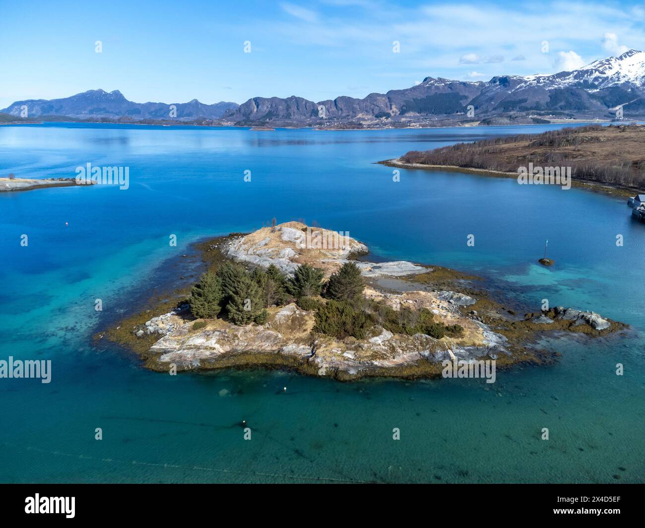 Drone shot over the islands of Storoya, Hestoya, Amnoya and Gronnoya in Nordland county, Norway Stock Photo