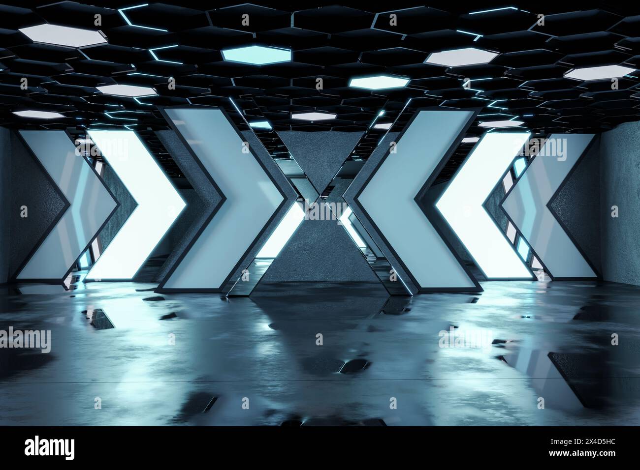 Epic Hall With Neon Directional Elements And Hexagonal Ceiling Stock Photo