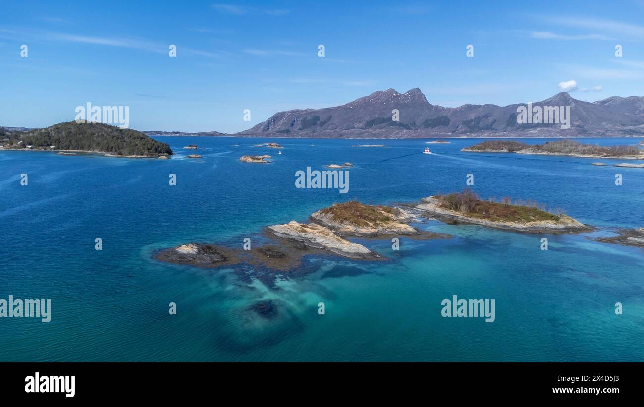 Drone shot over the islands of Storoya, Hestoya, Amnoya and Gronnoya in Nordland county, Norway Stock Photo