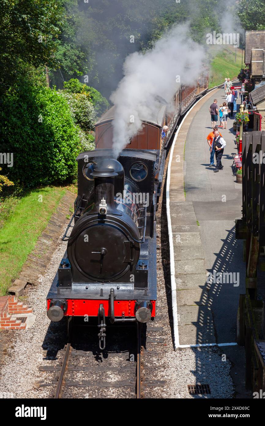 England, West Yorkshire, Haworth Station on the Keighley & Worth Valley preserved Steam Railway with L&YR Locomotive No.957 Stock Photo