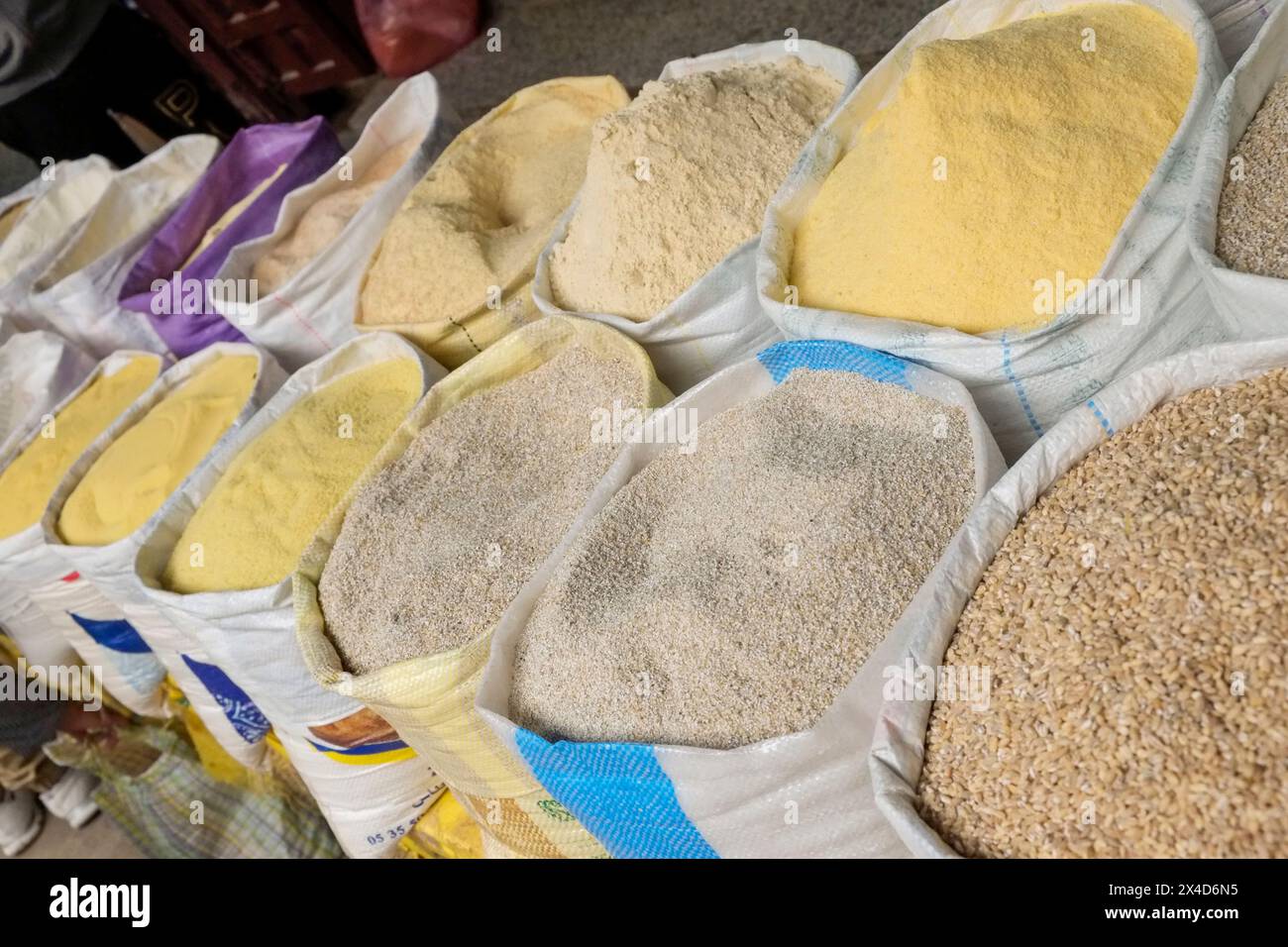 Fes, Morocco. Sacks of grains and cous cous for sale. Stock Photo