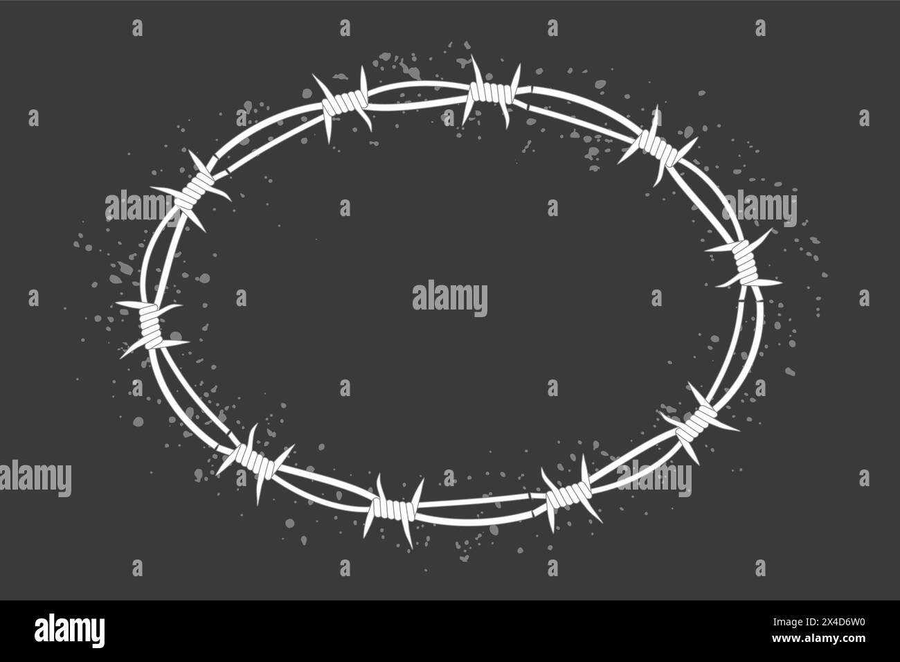 Barbed wire twisted ring y2k, round border tattoo, gothic textured steel frame, spiky oval barrier, silhouette isolated on dark background. Vector illustration Stock Vector