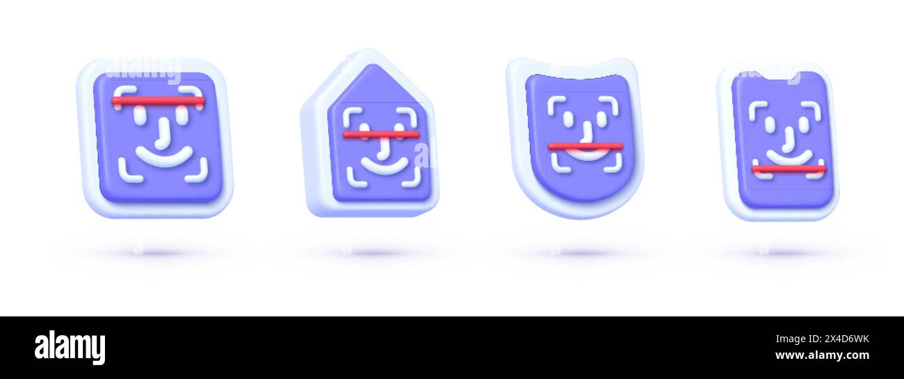 Face id set in 3d style on white background. Digital illustration. Data technology. 3D Vector icon set Stock Vector