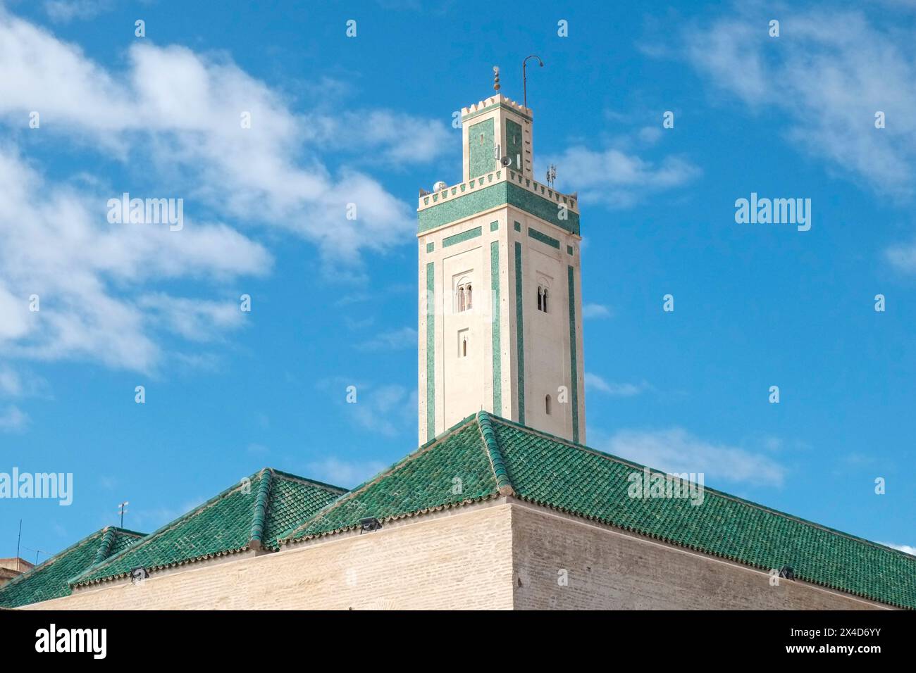 Fes, Morocco. One of the many mosques inside the medina. Green tiled ...