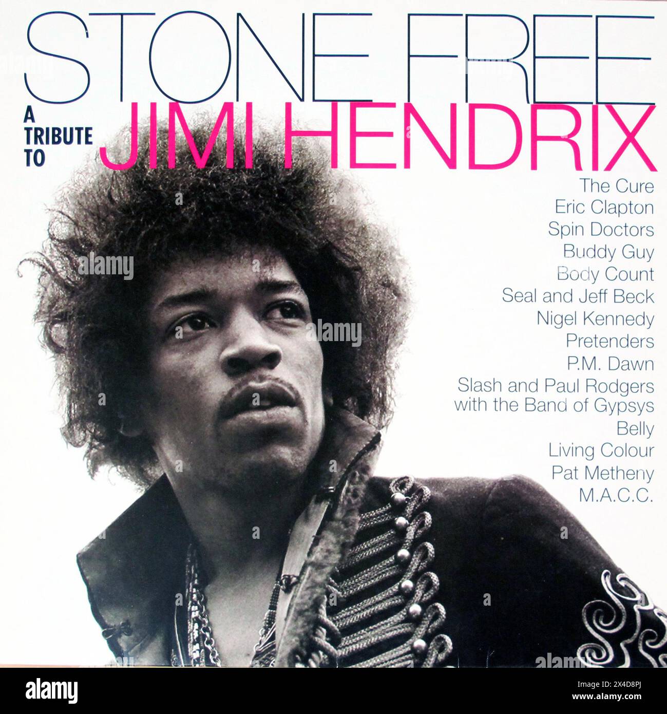 STONE FREE A TRIBUTE TO JIMI HENDRIX    The Cure Eric Clapton Spin Doctors Buddy Guy Body Count Seal and Jeff Beck Nigel Kennedy Pretenders P.M. Dawn Slash and Paul Rodgers with the Band of Gypsys Belly Living Colour Pat Metheny M.A.C.C.   - Vintage vinyl record cover Stock Photo