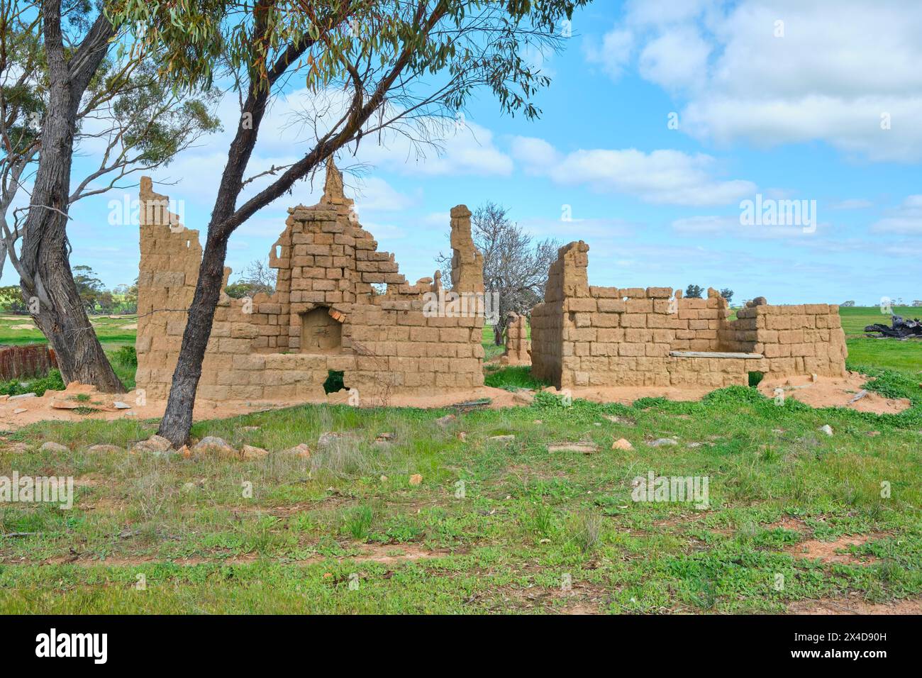 The ruins of an old farmhouse in a paddock on a rural property near the