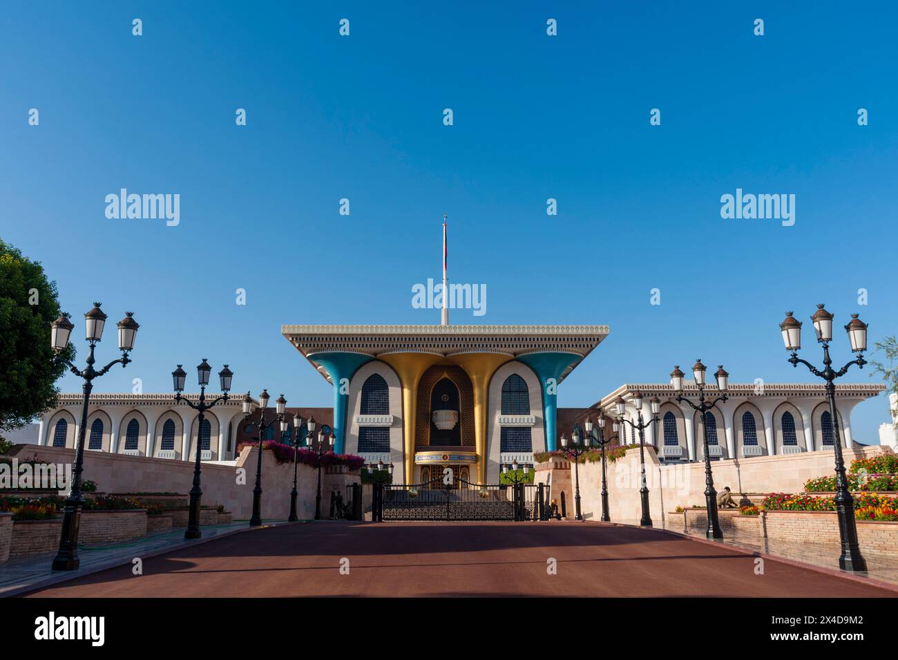 A view of Sultan Qaboos's palace, Al -Alam Palace, at night. Al -Alam ...