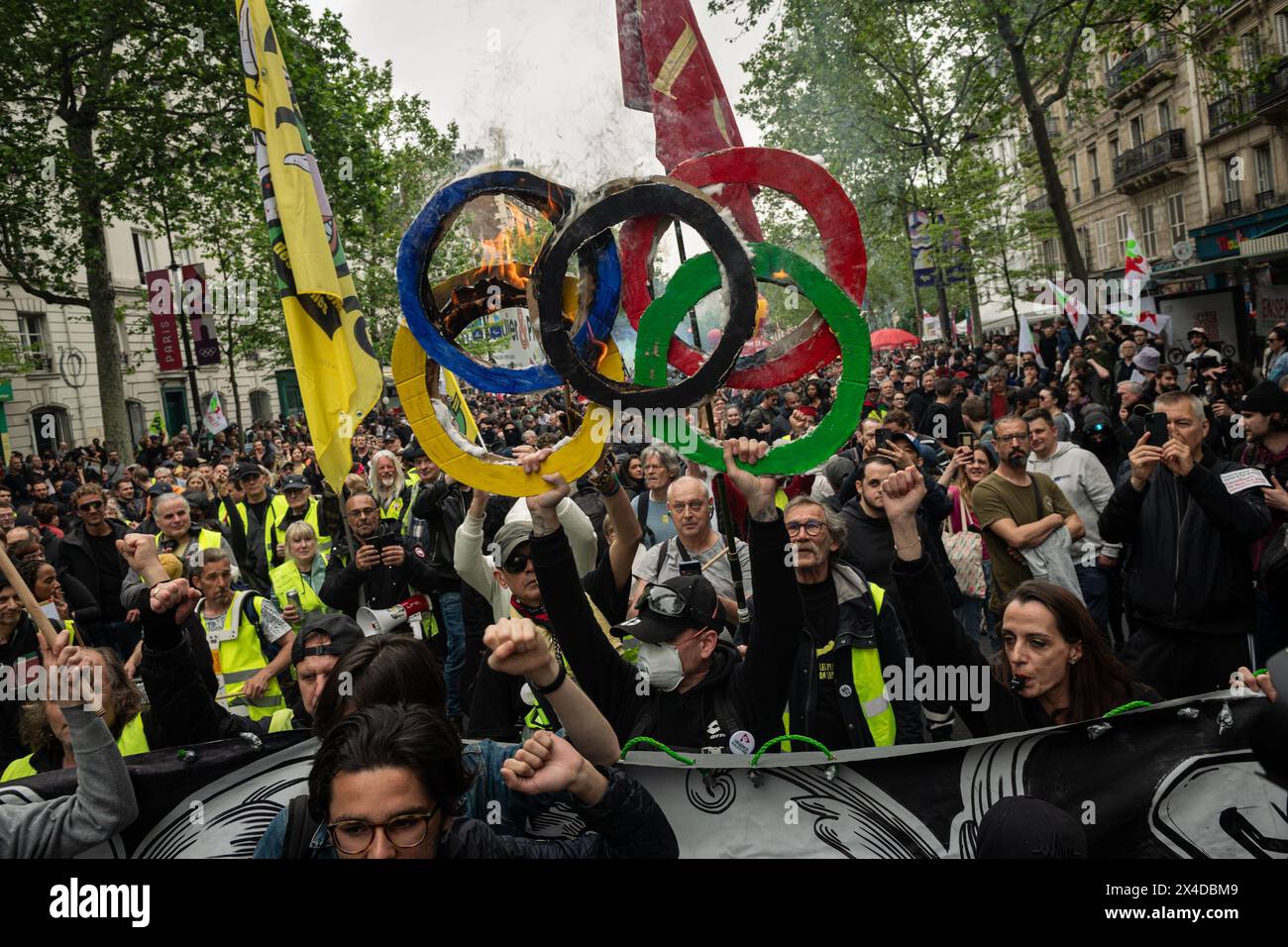 Paris, France. 01st May, 2024. A group of Gilets Jaunes (Yellow Vests
