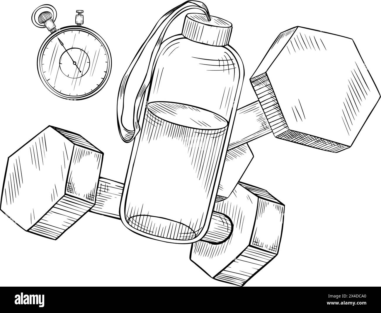 Composition of dumbbells with stopwatch and water bottle. Vector