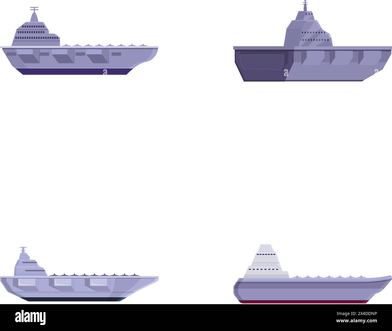 Warship icons set cartoon vector. Aircraft carrier with plane on board. Military ship Stock Vector