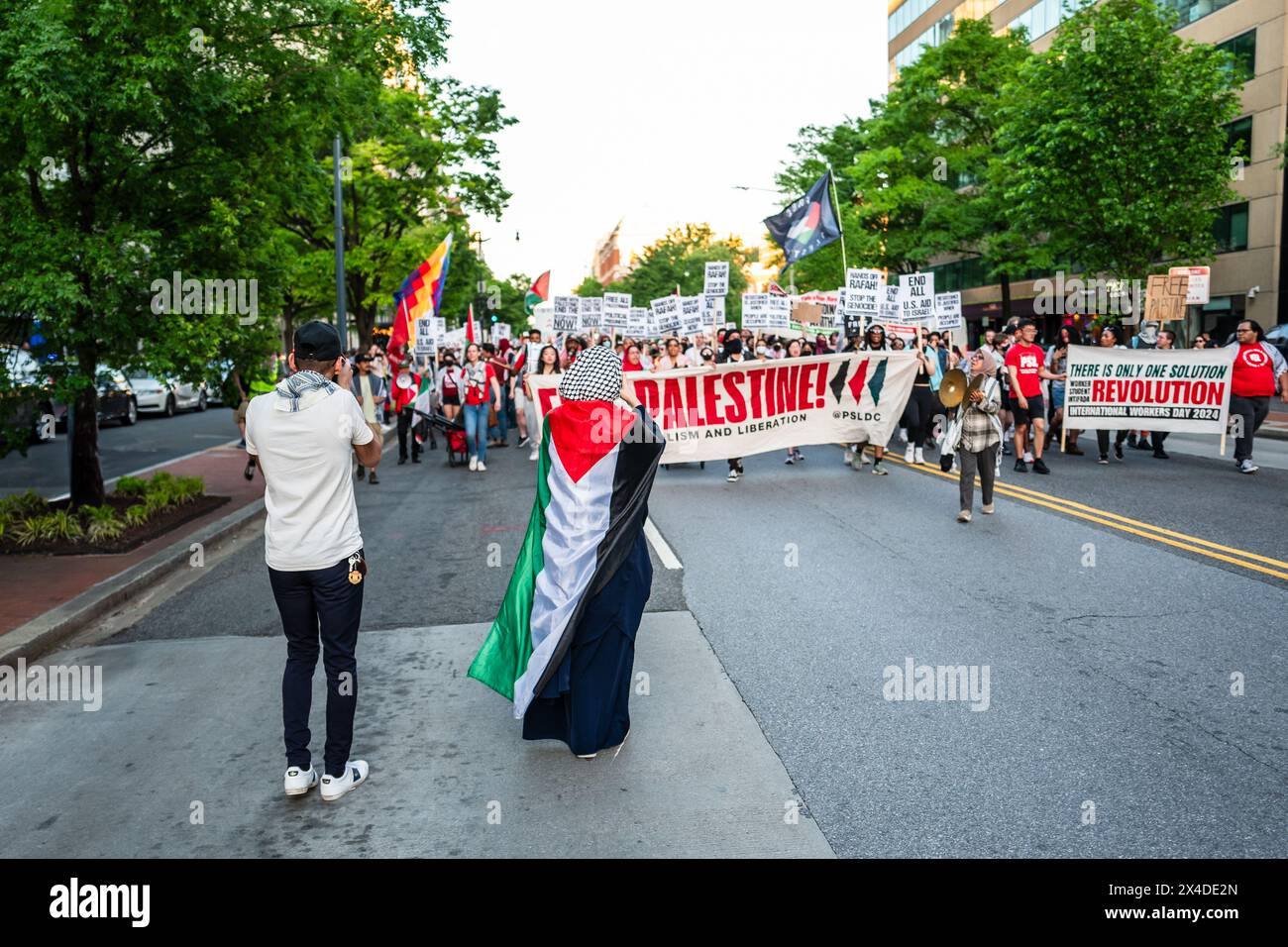 On May 1, 2024, a march was held in Washington, D.C., United States of America, calling for the liberation of Palestine from Israeli occupation. Stock Photo