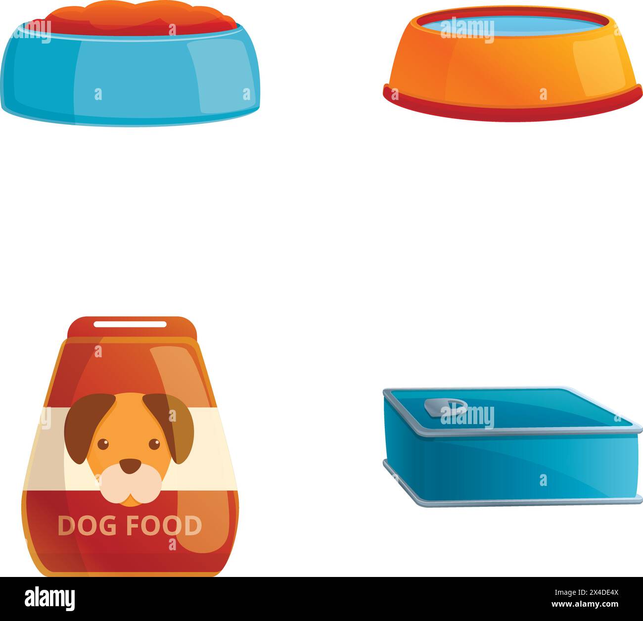 Dog food icons set cartoon vector. Dog food bowl and feed packaging. Domestic animal, care concept Stock Vector