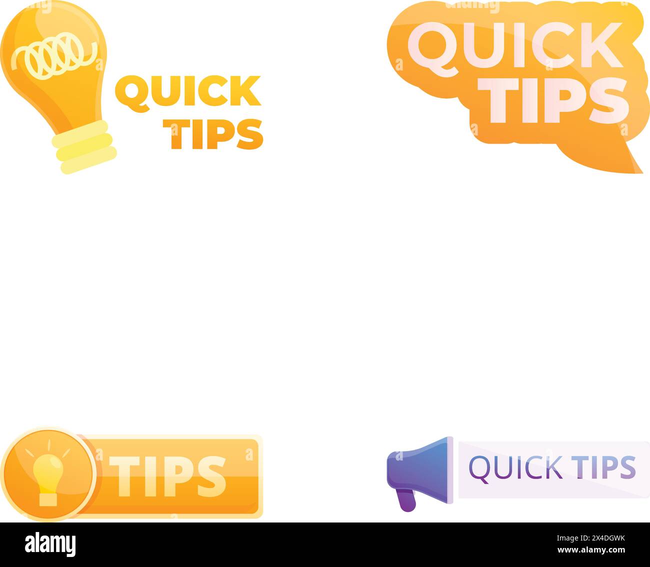 Tips icons set cartoon vector. Quick tips badge, emblem, label and sticker. Helpful advice, solution Stock Vector