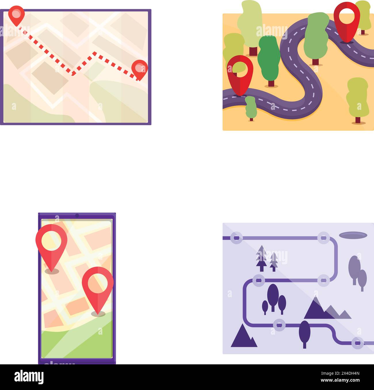 Gps navigation icons set cartoon vector. Various navigation map on device screen. Mobile gps service Stock Vector