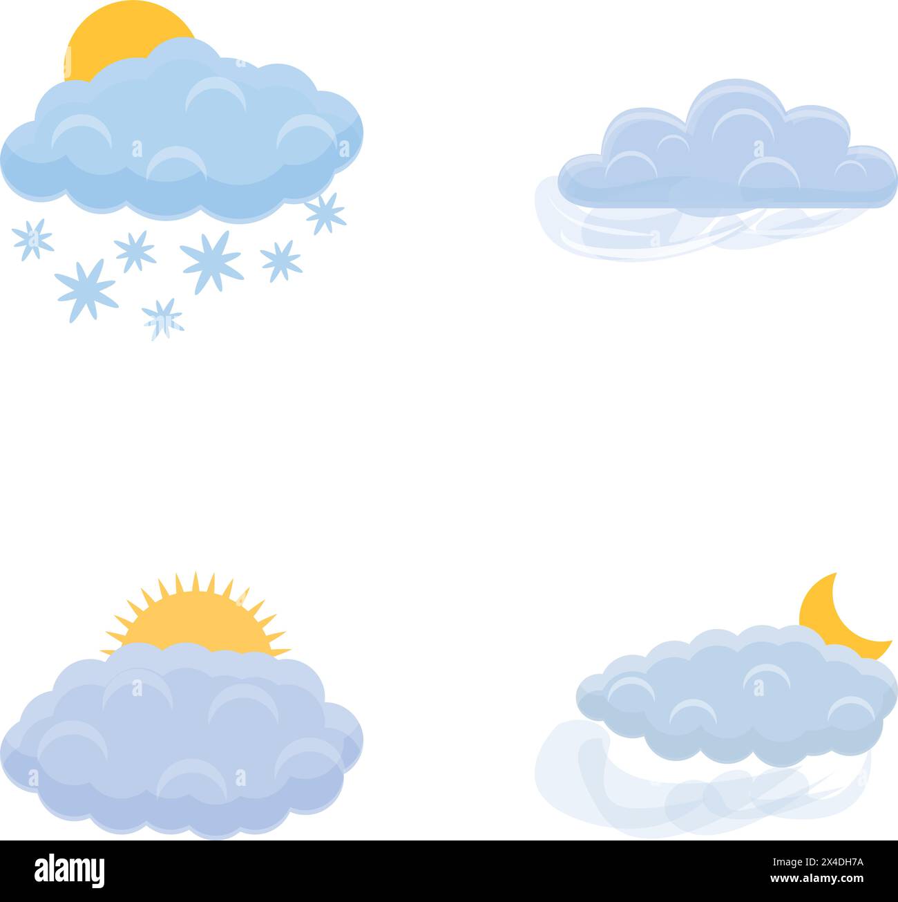 Cloud icons set cartoon vector. Gray cloud covers sun and moon. Meteorology, weather condition Stock Vector