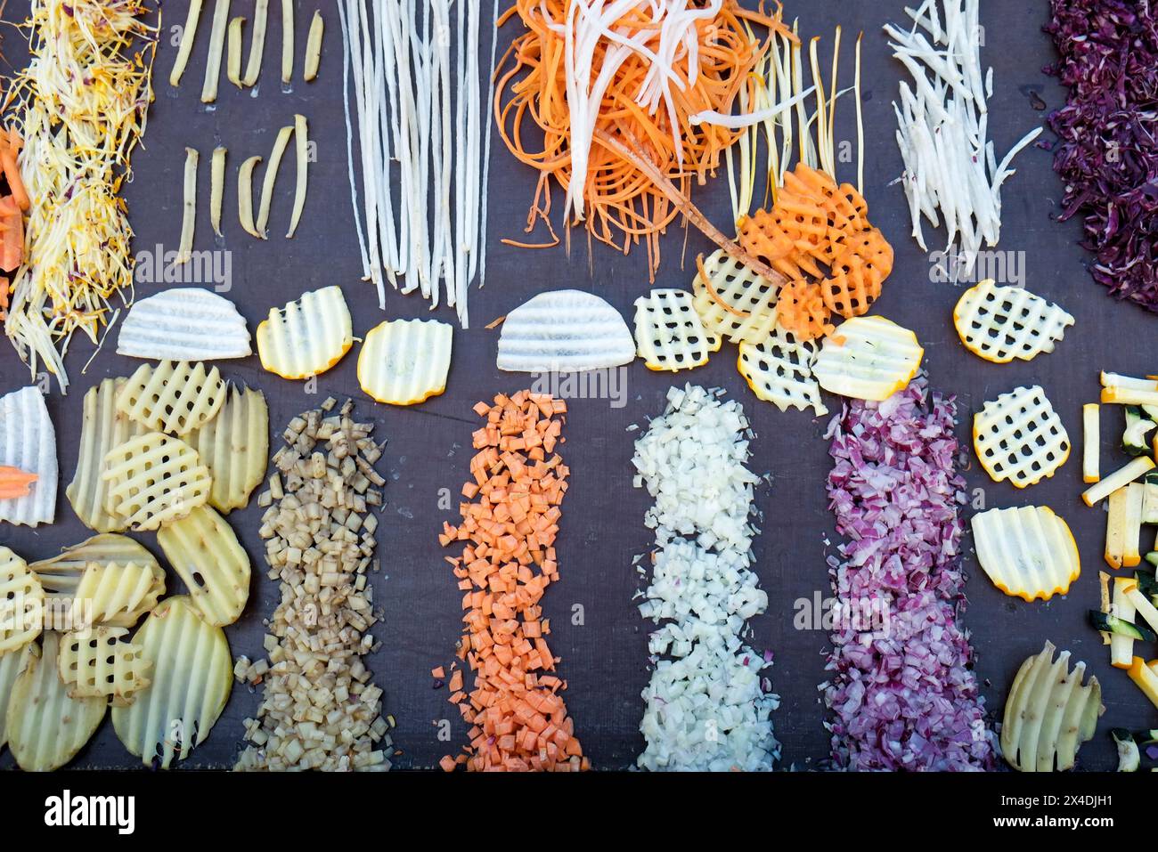 Munich, Germany. Farmers market. Display of chopped vegetables Stock Photo