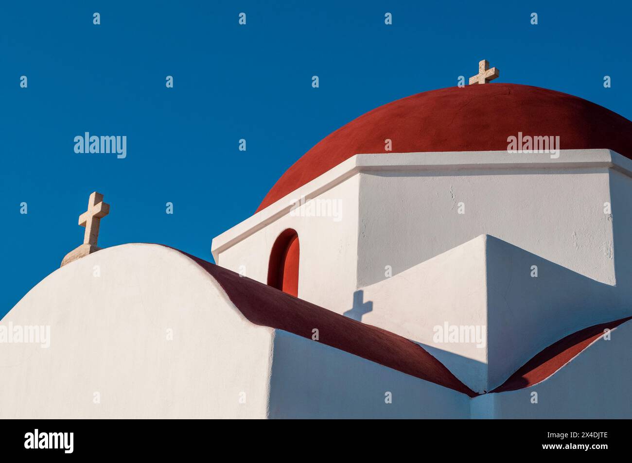 Detail of the architecture of a Greek Orthodox church. Chora, Mykonos Island, Cyclades Islands, Greece. Stock Photo