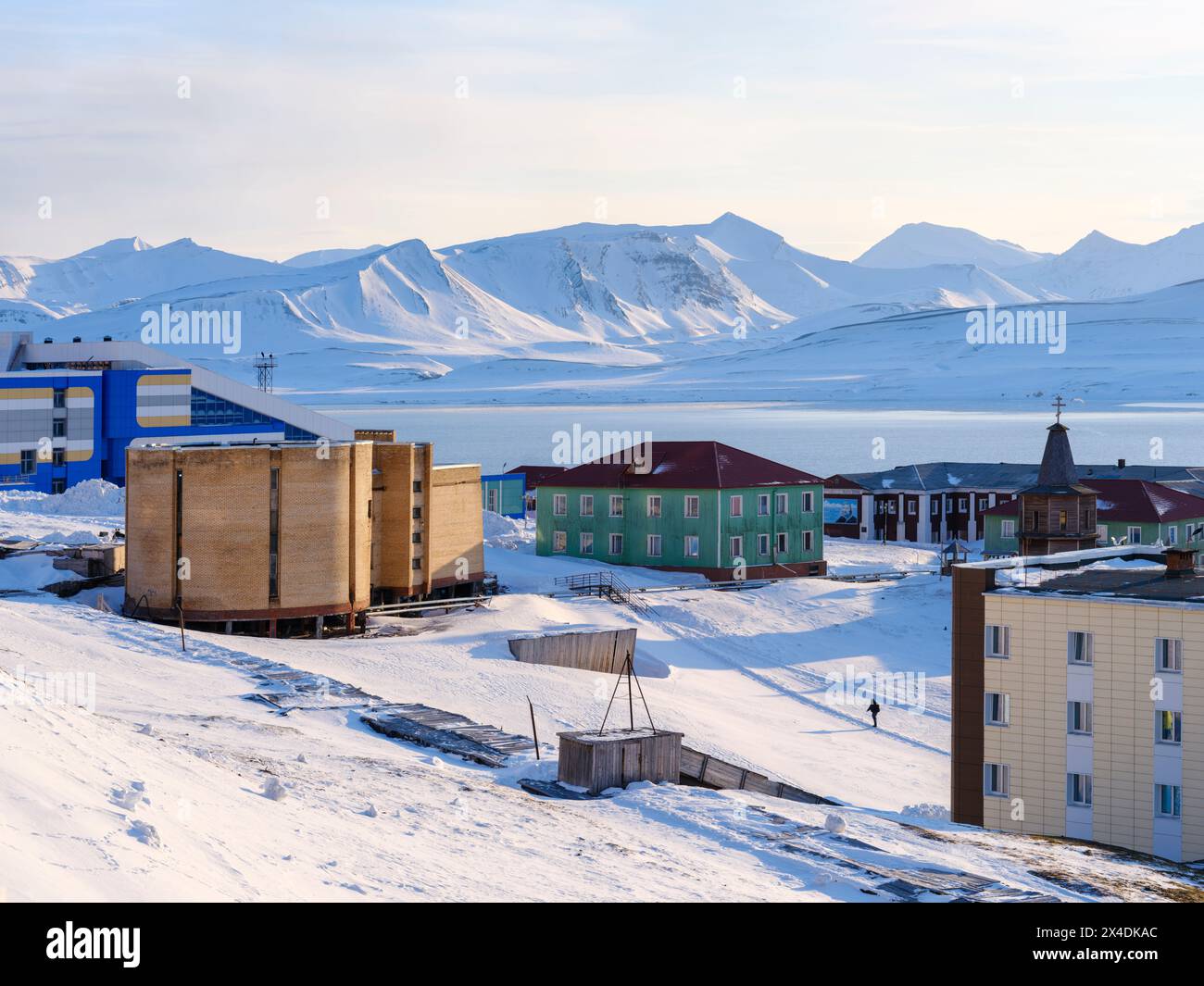 Russian coal mining town Barentsburg at fjord Gronfjorden. The coal ...