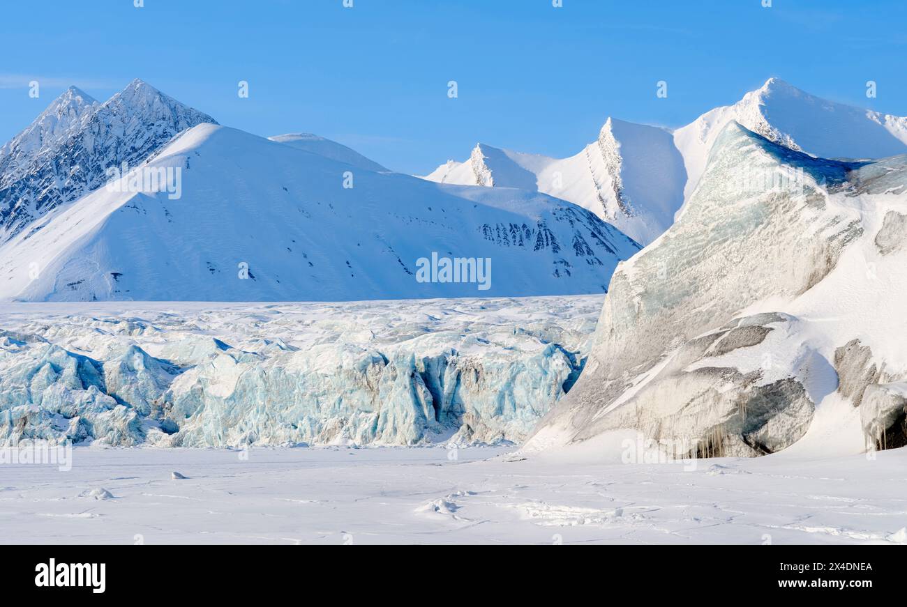Glacier front of Fridtjovbreen and the frozen fjord Van Mijenfjorden