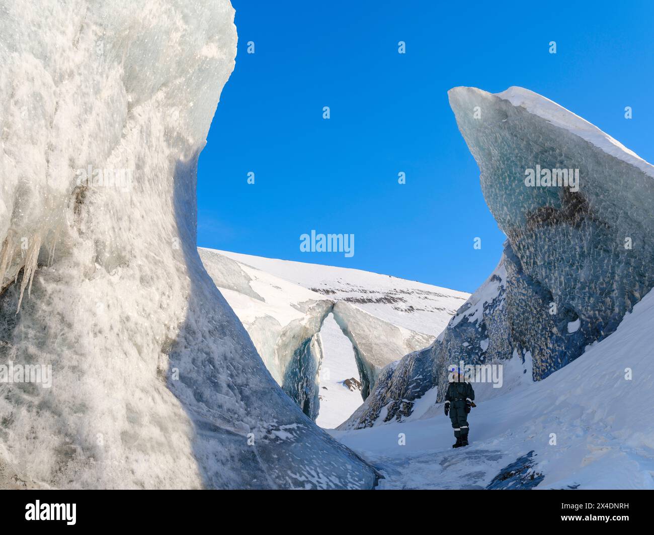 Serac, glacier Fridtjovbreen. Landscape in Van Mijenfjorden National Park, (former Nordenskiold National Park), Island of Spitsbergen. (Editorial Use Stock Photo