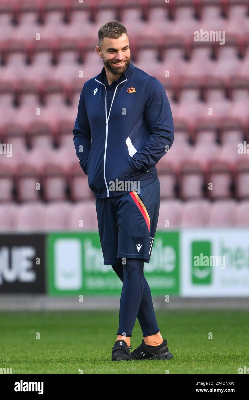 Mike McMeeken of Catalan Dragons arrives ahead of the Betfred Super League Round 10 match Wigan Warriors vs Catalans Dragons at DW Stadium, Wigan, United Kingdom, 2nd May 2024  (Photo by Craig Thomas/News Images) Stock Photo
