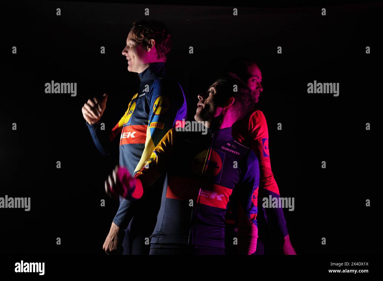 Torino, Italia. 02nd May, 2024. Hoole Daan, Lopez Perez Juan Pedro, Ghebreigzabhier Amanuel (Team Lidl - Treck) during the team presentation ahead of the Giro d'Italia cycling race in Turin. The race starts on Saturday, May 4, with the first stage over 140 km, from Venaria Reale to Turin, North west Italy - Thursday, May 2, 2024. Sport - cycling . (Photo by Marco Alpozzi/Lapresse) Credit: LaPresse/Alamy Live News Stock Photo