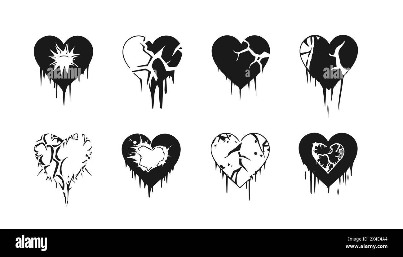 Broken heart gothic set vector illustration. Love symbol romance emo and sticker icon isolated white. Fashion shape silhouette abstract art and grunge Stock Vector