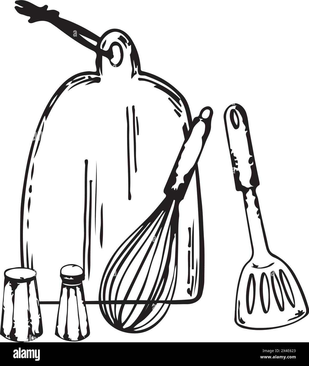 Composition of kitchen utensils drawn in vector. A wooden cutting board ...