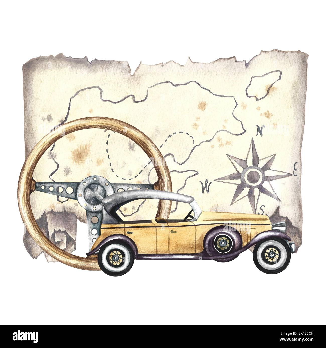 Vintage retro ocher colored car and wooden retro car steering wheel ...
