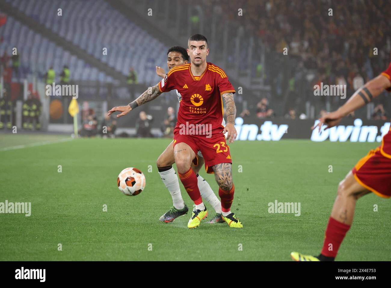Roma, Lazio, ITALIA. 2nd May, 2024. 02/05/2024 Rome, Olympic Stadium, football match valid for the semi-final of the Europa League 2023/24 between AS Roma vs Bayer Leverkusen.In the picture: Gianluca Mancini (Credit Image: © Fabio Sasso/ZUMA Press Wire) EDITORIAL USAGE ONLY! Not for Commercial USAGE! Stock Photo