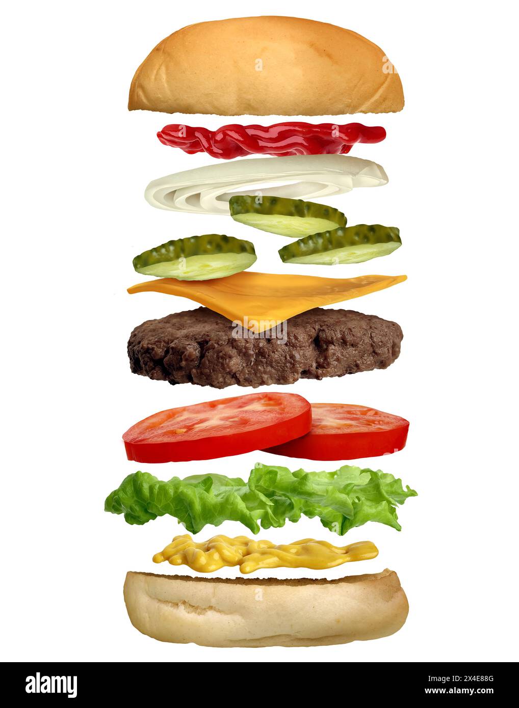 Assembling A Burger as individual toppings ingredients assembled for a perfect classic hamburger with a meat patty lettuce onions ketchup sauce pickle Stock Photo