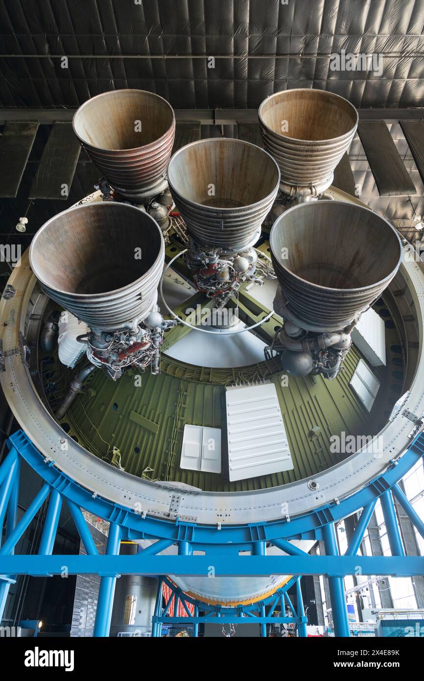 Rocketdyne J-2 engines on S-II (second stage) of Saturn V Moon Rocket. Davidson Center for Space Exploration: Saturn V Hall. U.S. Space and Rocket Cen Stock Photo