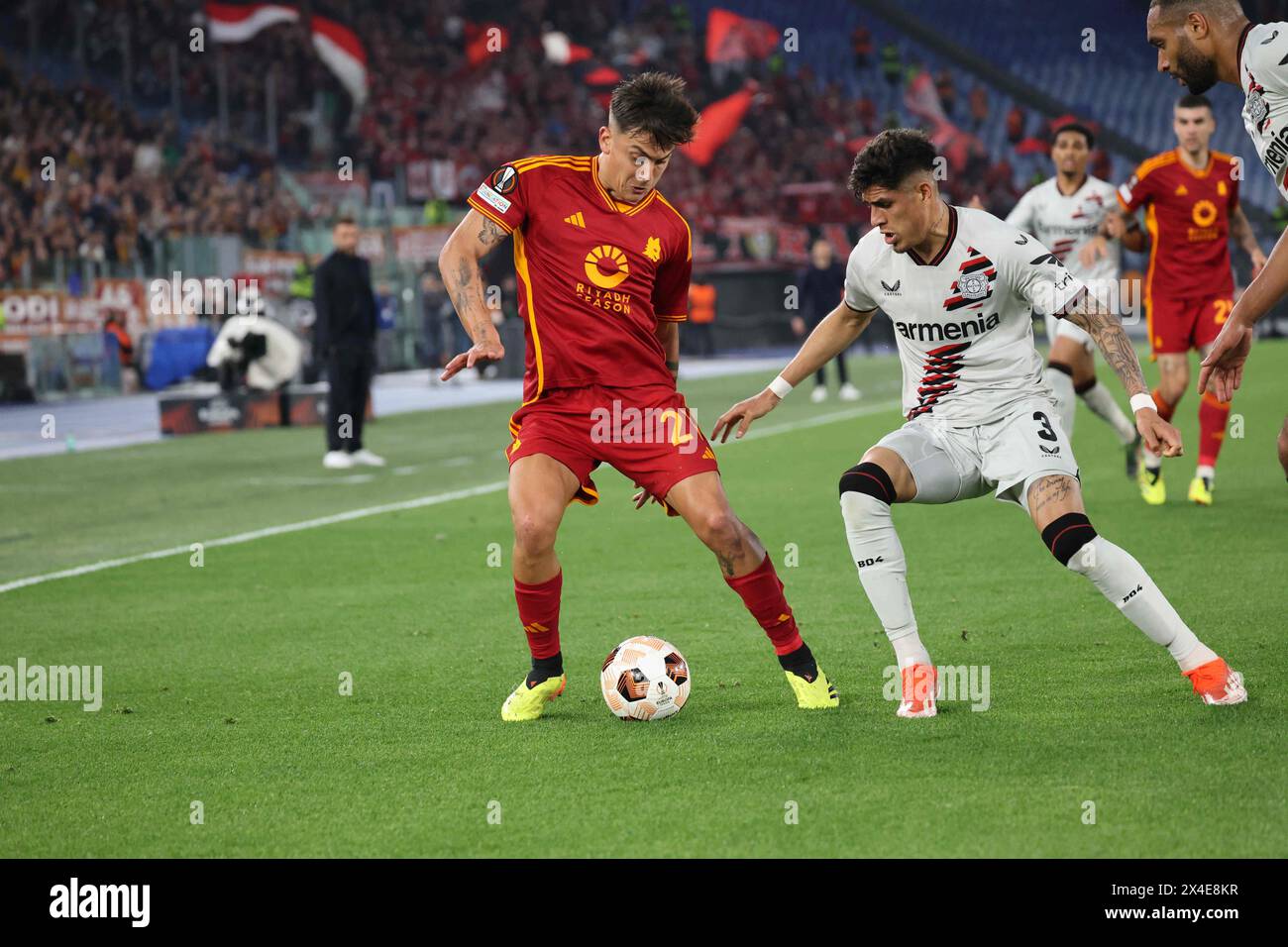 Roma, Lazio, ITALIA. 2nd May, 2024. 02/05/2024 Rome, Olympic Stadium, football match valid for the semi-final of the Europa League 2023/24 between AS Roma vs Bayer Leverkusen.In the picture: Paulo Dybala (AS Roma) - Piero Hincapie' (Credit Image: © Fabio Sasso/ZUMA Press Wire) EDITORIAL USAGE ONLY! Not for Commercial USAGE! Stock Photo