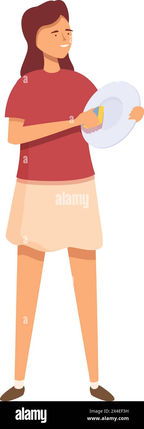 Daughter cleaning dishes icon cartoon vector. Home help support. House work Stock Vector